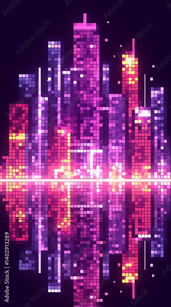 Naklejka premium Neon City Skyline Reflection