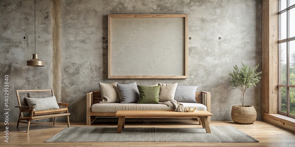 Obraz premium Serene minimalist living room interior design featuring a neutral color palette, natural wood furniture, and a large empty frame on a textured wall