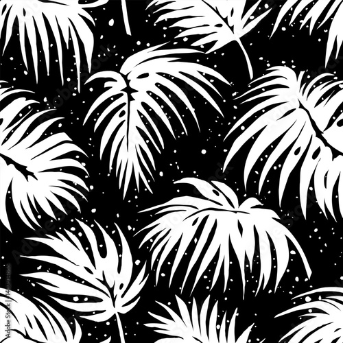 Palm leaves. Pattern of white palm leaves on black background in grunge style. Drawn with brush strokes, splashes, blots.