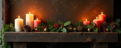 Wallpaper Mural Rustic wooden mantel decorated with candles, pinecones, and holly for a cozy Christmas atmosphere, rustic decor, candles, christmas Torontodigital.ca