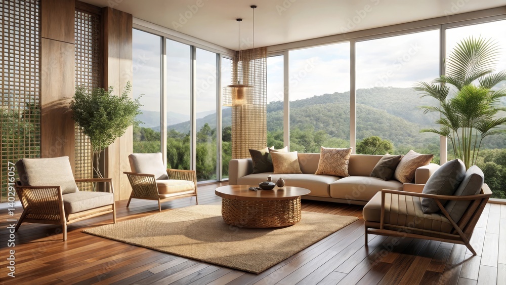 Serene Mountain View Living Room Design with Natural Wood Accents and Woven Textures Serene Mountain View Living Room Design with Natural Wood Accents and Woven Textures