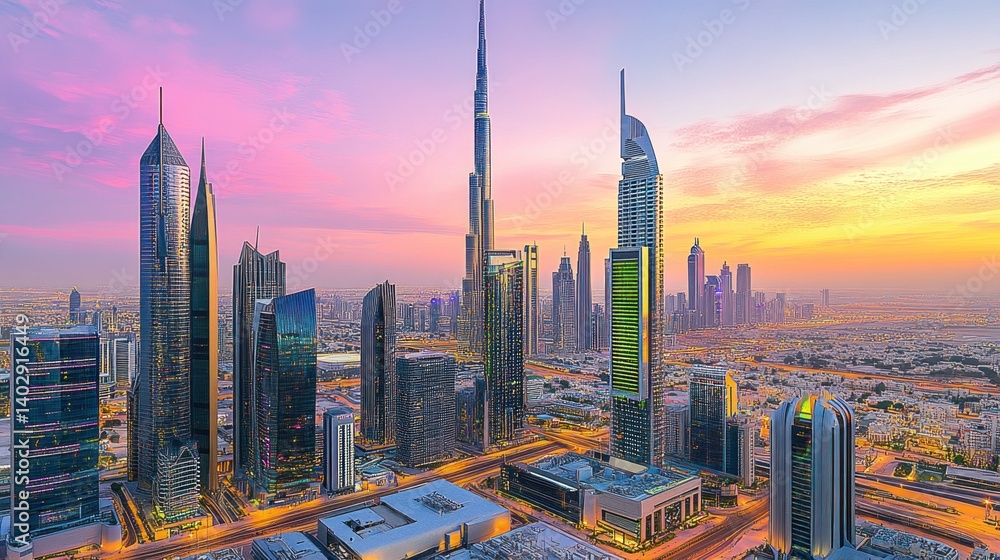 Dubai Skyline at Sunset: A Panoramic View of Modern Architecture