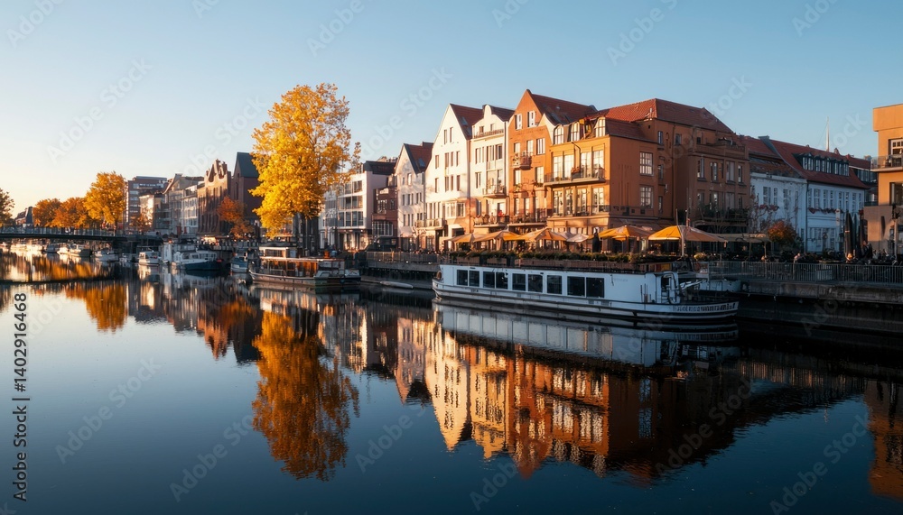 Obraz premium Autumn riverside town reflected in calm water