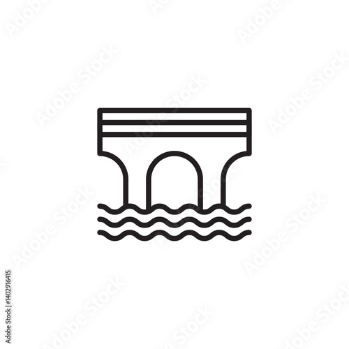 A simple line drawing of a bridge with an arched support structure spanning over wavy water. The bridge deck is shown with horizontal lines.