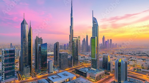Obraz na płótnie Dubai Skyline at Sunset: A Panoramic View of Modern Architecture w salonie
