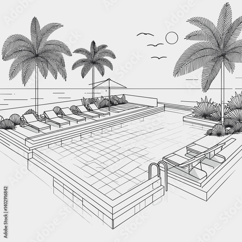 Minimalist linear illustration of a poolside with palm trees and loungers, monochrome design, copy space