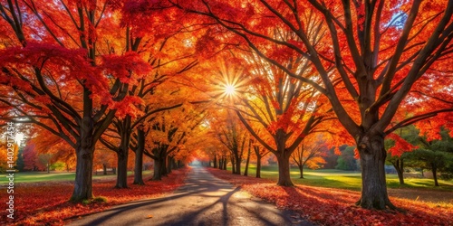 Autumnal splendor a sunlit path through vibrant foliage, casting long shadows on a crisp autumn day