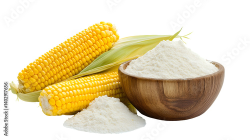 Fresh Sweet Corn and Corn Starch in Wooden Bowl - Organic Food Ingredient Concept