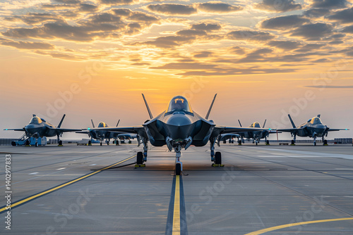 A row of sleek fighter jets parked on an airfield, ready for deployment.