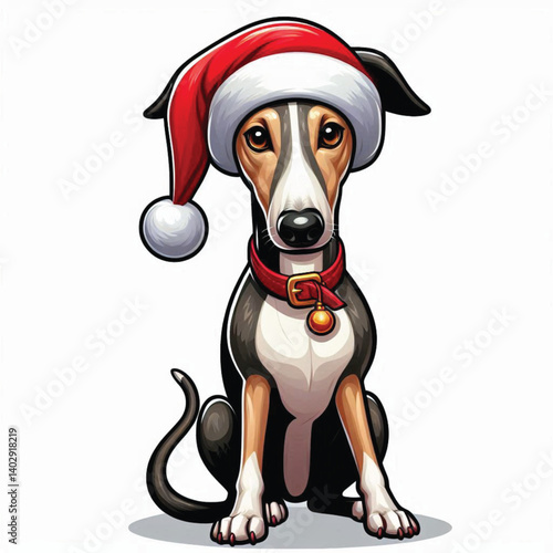Christmas Greyhound Dog wearing santa claus hat Cartoon Vector Illustration isolated
