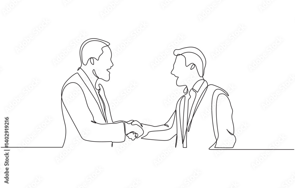 Continuous line drawing of two businessmen shaking hands, One line drawing of two businessmen in suitcase shaking hand and agree to deal a project. Single line drawing of business concept. Continuous line drawing of two businessmen shaking hands, One line drawing of two businessmen in suitcase shaking hand and agree to deal a project. Single line drawing of business concept.