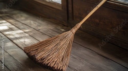 Wallpaper Mural A straw broom rests diagonally on a wooden floor indoors Torontodigital.ca