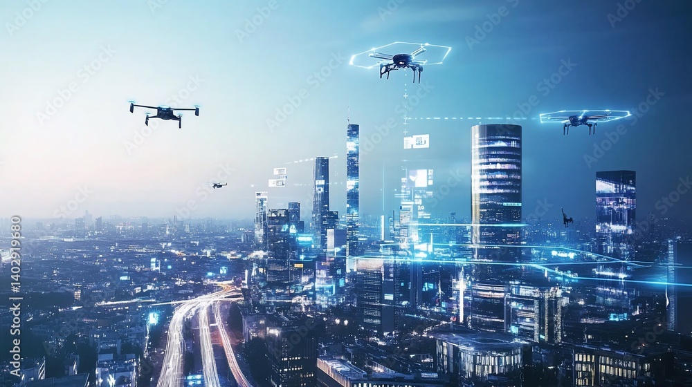 Futuristic city skyline with flying drones delivering data and information Futuristic city skyline with flying drones delivering data and information