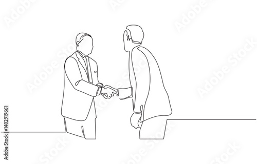Continuous line drawing of two businessmen shaking hands, One line drawing of two businessmen in suitcase shaking hand and agree to deal a project. Single line drawing of business concept.