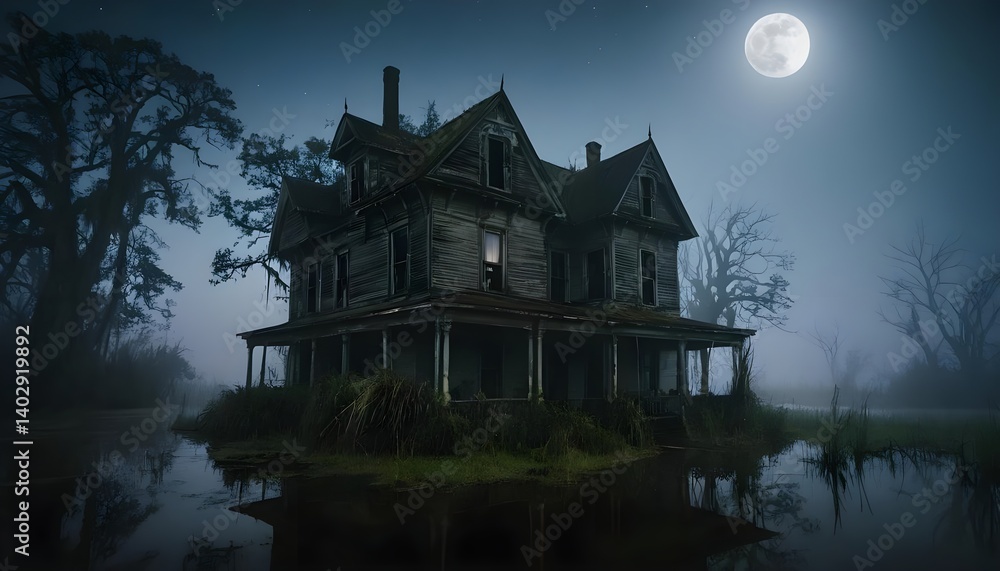 Fototapeta premium Eerie Abandoned House on a Moonlit Night