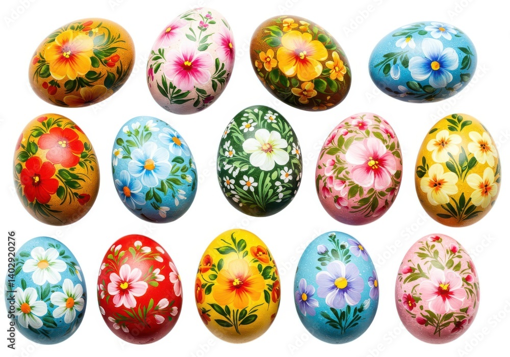 Collection of painted easter eggs with floral designs art isolated on white background Collection of painted easter eggs with floral designs art isolated on white background