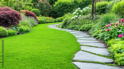 Serene Garden Path  A gently curving stone pathway winds through a vibrant  lush garden  inviting a peaceful stroll.  The vibrant green lawn and a variety of flowering plants create a tranquil scene.