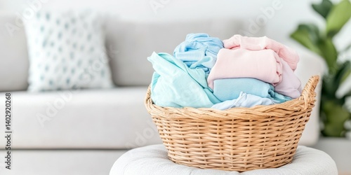 A Basketful of Freshness: Soft, pastel-colored clothing rests in a woven basket, reflecting the calming atmosphere of a cozy living space. The soft, natural colors evoke a sense of tranquility.