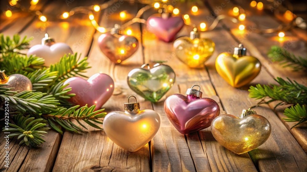 Illuminated heart-shaped ornaments nestled amongst evergreen boughs on a rustic wooden surface, creating a warm and inviting holiday scene. Illuminated heart-shaped ornaments nestled amongst evergreen boughs on a rustic wooden surface, creating a warm and inviting holiday scene.