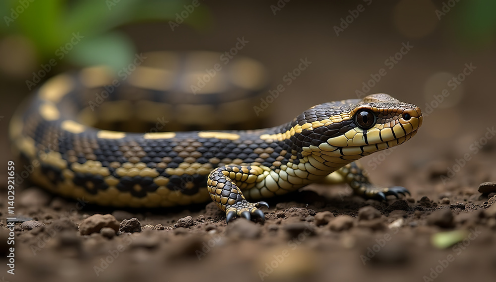 Close-Up of a Patterned Snake with Yellow and Black Scales Resting on the Ground
Close-Up of a Patterned Snake with Yellow and Black Scales Resting on the Ground