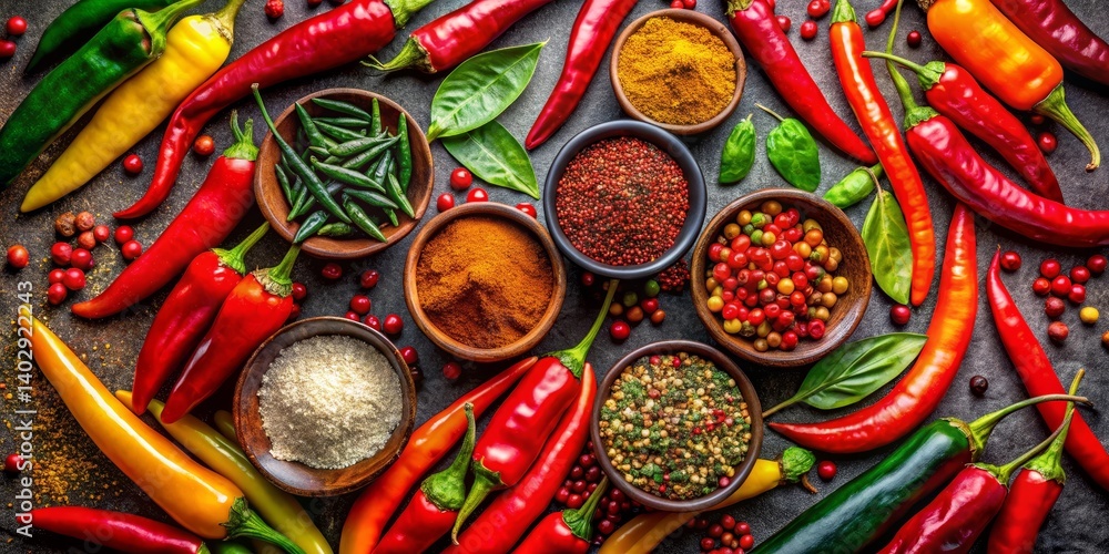 Aromatic Collection of Vibrant Chili Peppers and Diverse Spices Arranged on a Dark Surface Aromatic Collection of Vibrant Chili Peppers and Diverse Spices Arranged on a Dark Surface