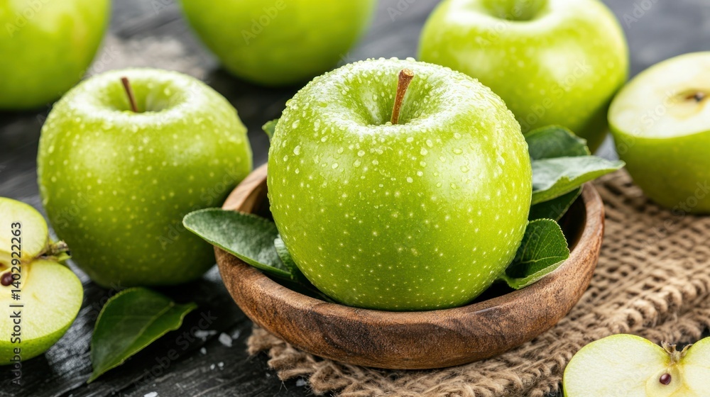 Fresh green apples with wooden bowl and leaves shown closely Fresh green apples with wooden bowl and leaves shown closely