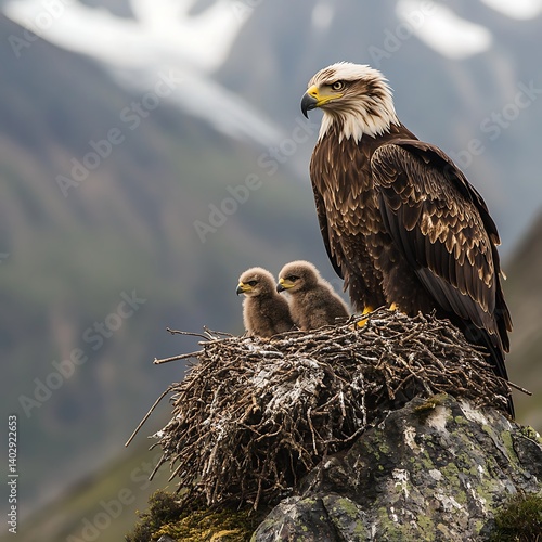 Whitetailed eagle protecting chicks in nest high