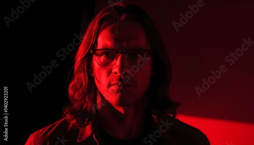 Man in Red Light, Serious Expression