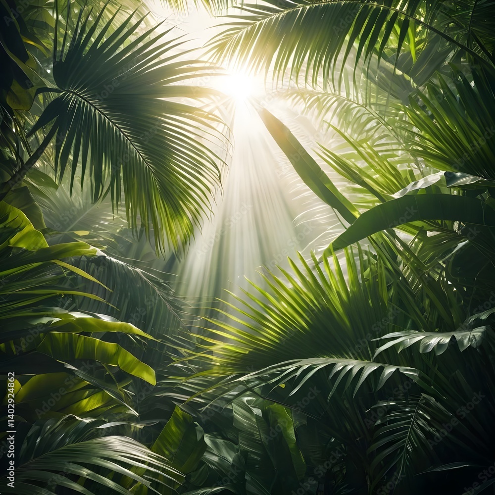Fototapeta premium Sunbeams Through Lush Tropical Rainforest Canopy