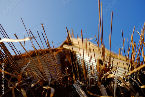 The eaves of a dry thatched and zinc roof isosceles of local house with sunny and blue sky in Thailand