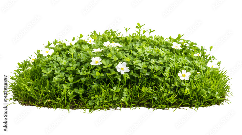 Obraz premium Vibrant Spring Green Grass Lawn with Flowers on White Background - Isolated Image