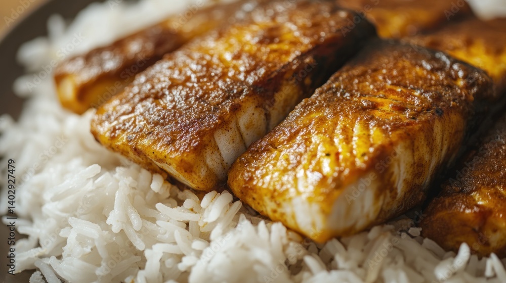 Close-up of spiced fish fillets served on a bed of fluffy white rice. Close-up of spiced fish fillets served on a bed of fluffy white rice.