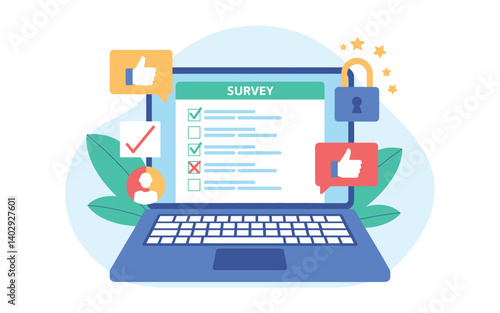 Laptop screen with checklist and survey design flat colorful vector showing online feedback with thumbs up heart icon plant leaves and geometric shapes for web and user experience