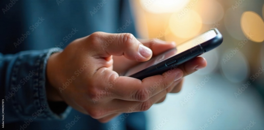 Close-up of hand holding a smartphone, with fingers wrapped around the device and thumb on the screen, finger, grip, phone Close-up of hand holding a smartphone, with fingers wrapped around the device and thumb on the screen, finger, grip, phone