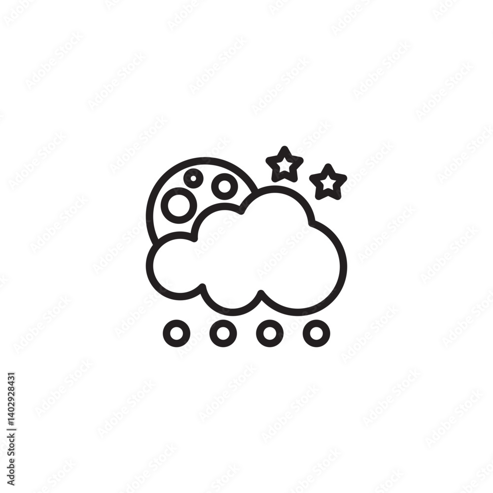 A line drawing depicting a cloudy night scene. A full moon with craters and two stars are visible above a cloud with raindrops falling below. A line drawing depicting a cloudy night scene. A full moon with craters and two stars are visible above a cloud with raindrops falling below.