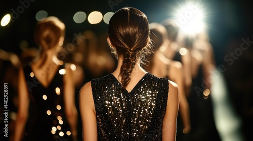 Elegant women showcase fashion at a glamorous event in a sparkling ambience