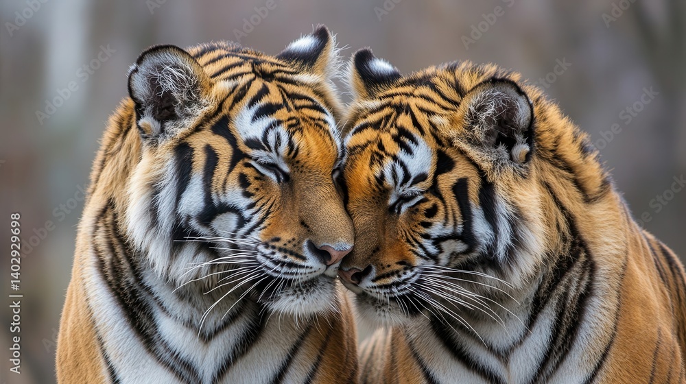 Fototapeta premium Two tigers cuddling close together.