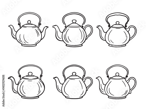 Vintage Tea Kettle Set Line Art Illustration