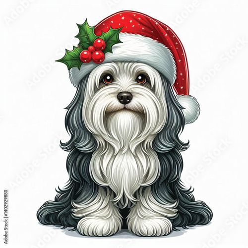 Christmas Havanese Dog wearing santa claus hat Cartoon Vector Illustration isolated