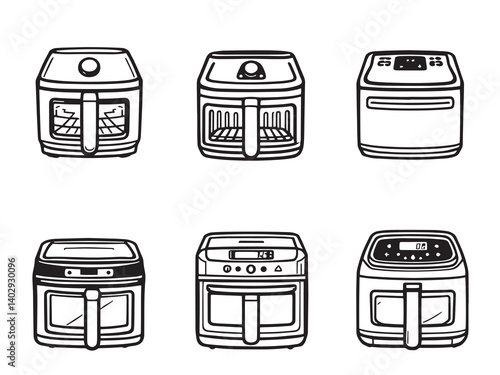 Air Fryer Simple Line Art Illustrations on White Background