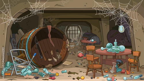 Explore this eerie abandoned cellar filled with scattered debris, broken furniture, and cobwebs, creating a captivating atmosphere of neglect.