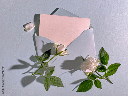 Open envelope with blank card and white roses on a light pastel background, romantic floral composition for invitations or messages