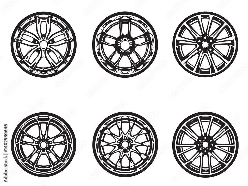 Alloy Wheels Vector Outline Illustrations Modern Style Alloy Wheels Vector Outline Illustrations Modern Style