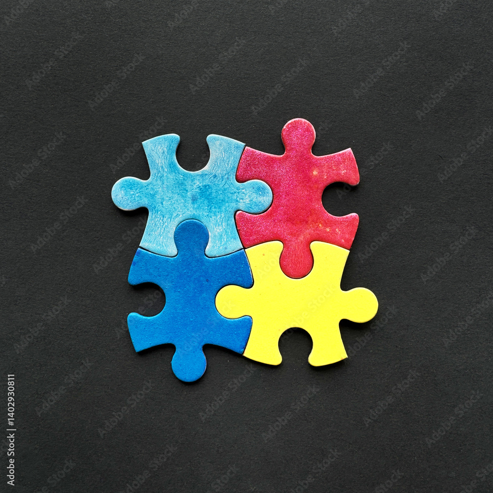 Obraz premium Four colorful puzzle pieces in red, blue, yellow, and light blue arranged together on a black background