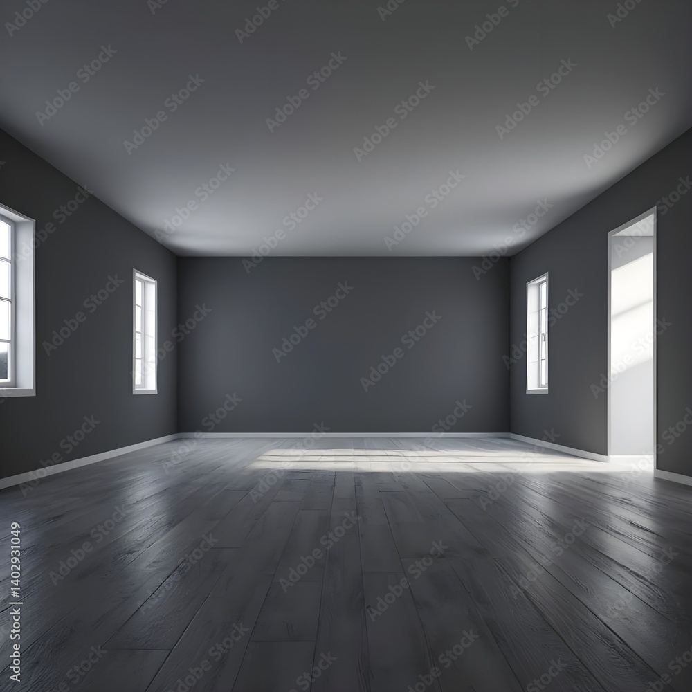 Empty Modern Room with Dark Gray Walls and Wooden Floor Empty Modern Room with Dark Gray Walls and Wooden Floor