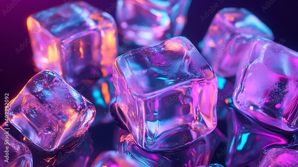 A set of ice cubes with neon-colored edges floating in a transparent, futuristic glass A set of ice cubes with neon-colored edges floating in a transparent, futuristic glass