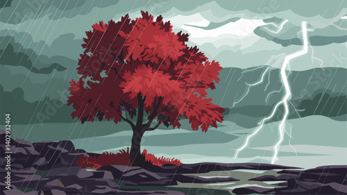An artistic depiction of a lone red tree amidst rain and lightning. The dramatic sky sets a moody atmosphere over a serene landscape.