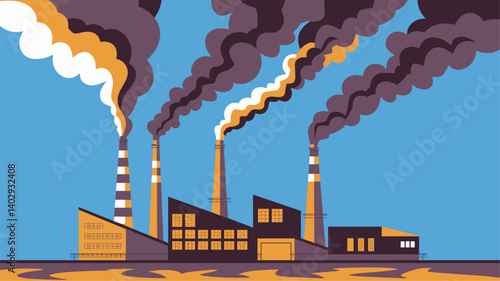 Stylized illustration of factories with smokestacks releasing dense smoke into a blue sky, showcasing industrial pollution.