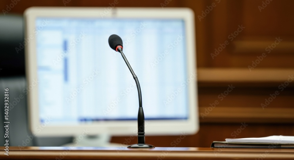 Empty courtroom microphone and computer screen in legal setting Empty courtroom microphone and computer screen in legal setting