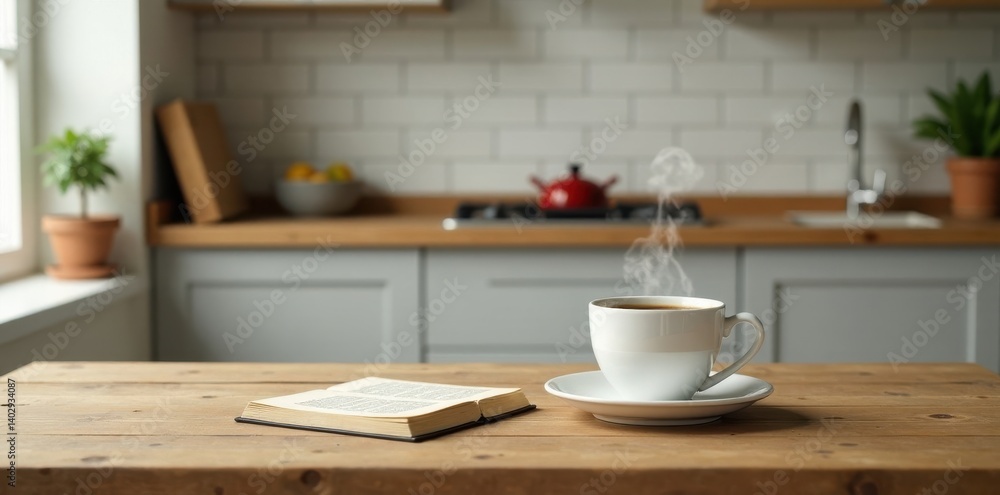A wooden tabletop with scattered books and a steaming cup of coffee sits in front of a blurred kitchen room background, blur, kitchen, food A wooden tabletop with scattered books and a steaming cup of coffee sits in front of a blurred kitchen room background, blur, kitchen, food